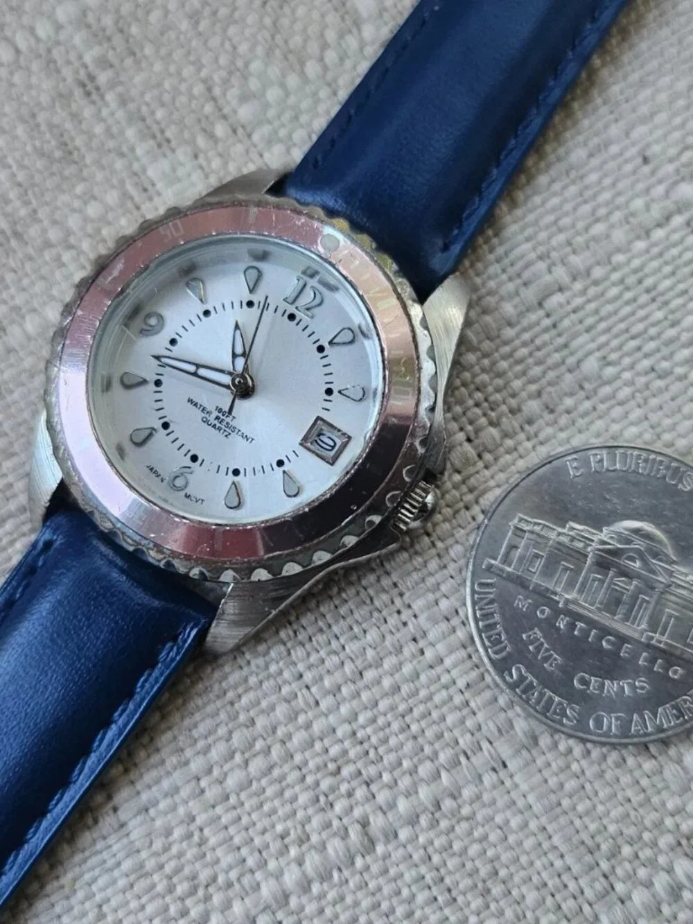 Women Wristwatch Blue Genuine Leather Strap Date Calendar Analog Quartz Watch